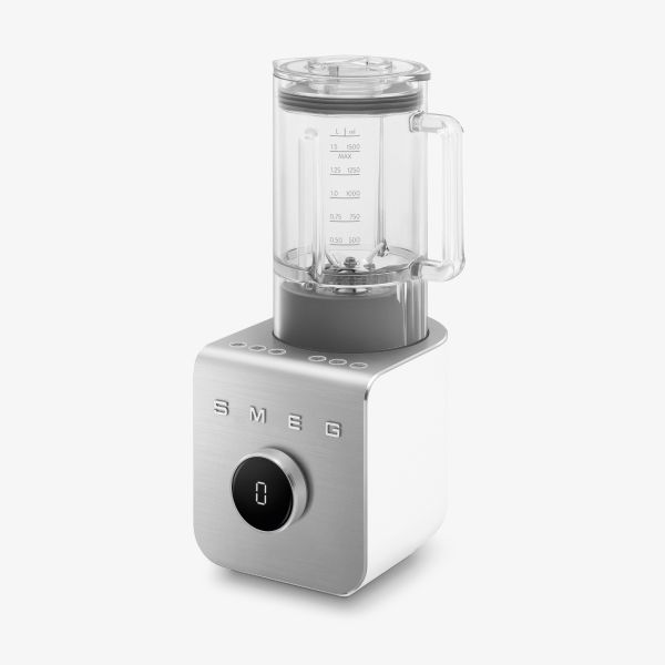 A contemporary high performance blender featuring a square, silver and black base. Om the base is a circular black display showing the number zero indicating one of the speeds or settings. On top, sits a clear blending jug with a handle